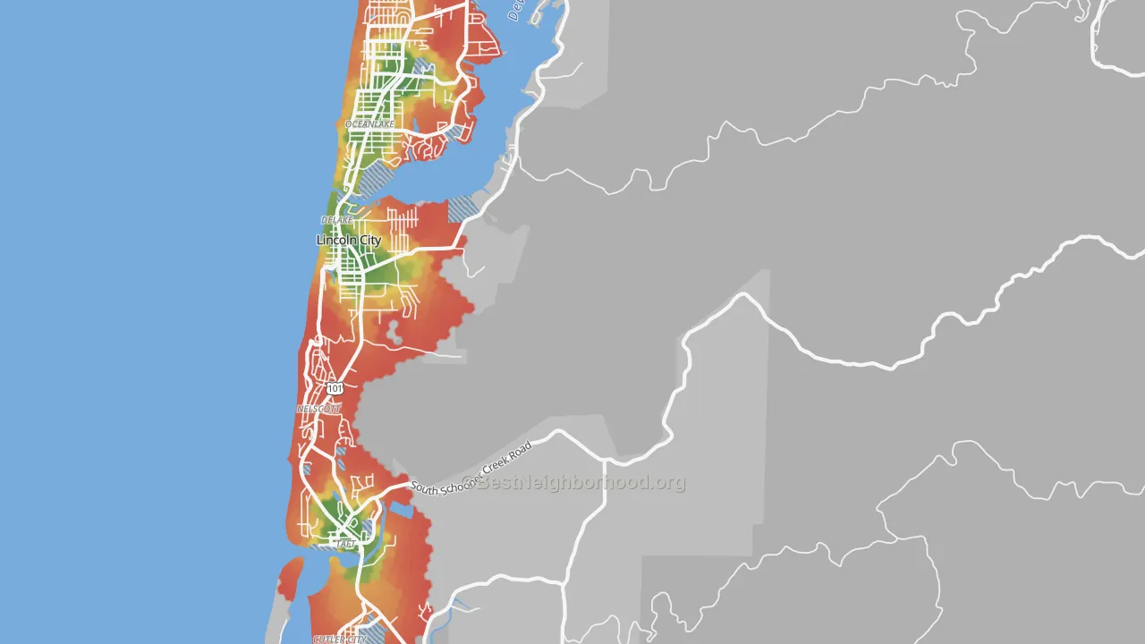 Walk Grade map of DeLake, OR, walkable areas in green and car-dependent areas in red