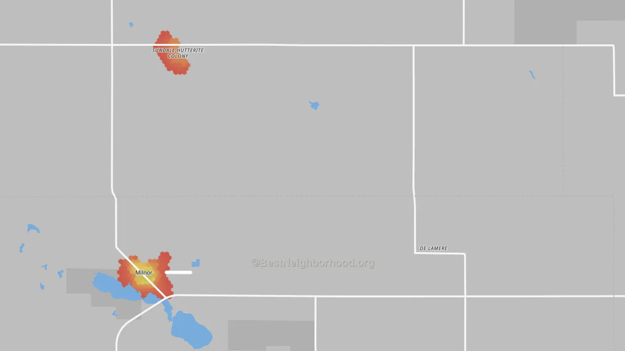 Walk Grade map of DeLamere, ND, walkable areas in green and car-dependent areas in red
