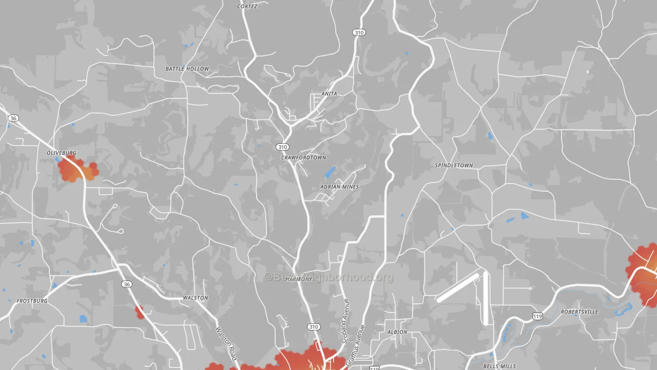 Walk Grade map of DeLancey, PA, walkable areas in green and car-dependent areas in red