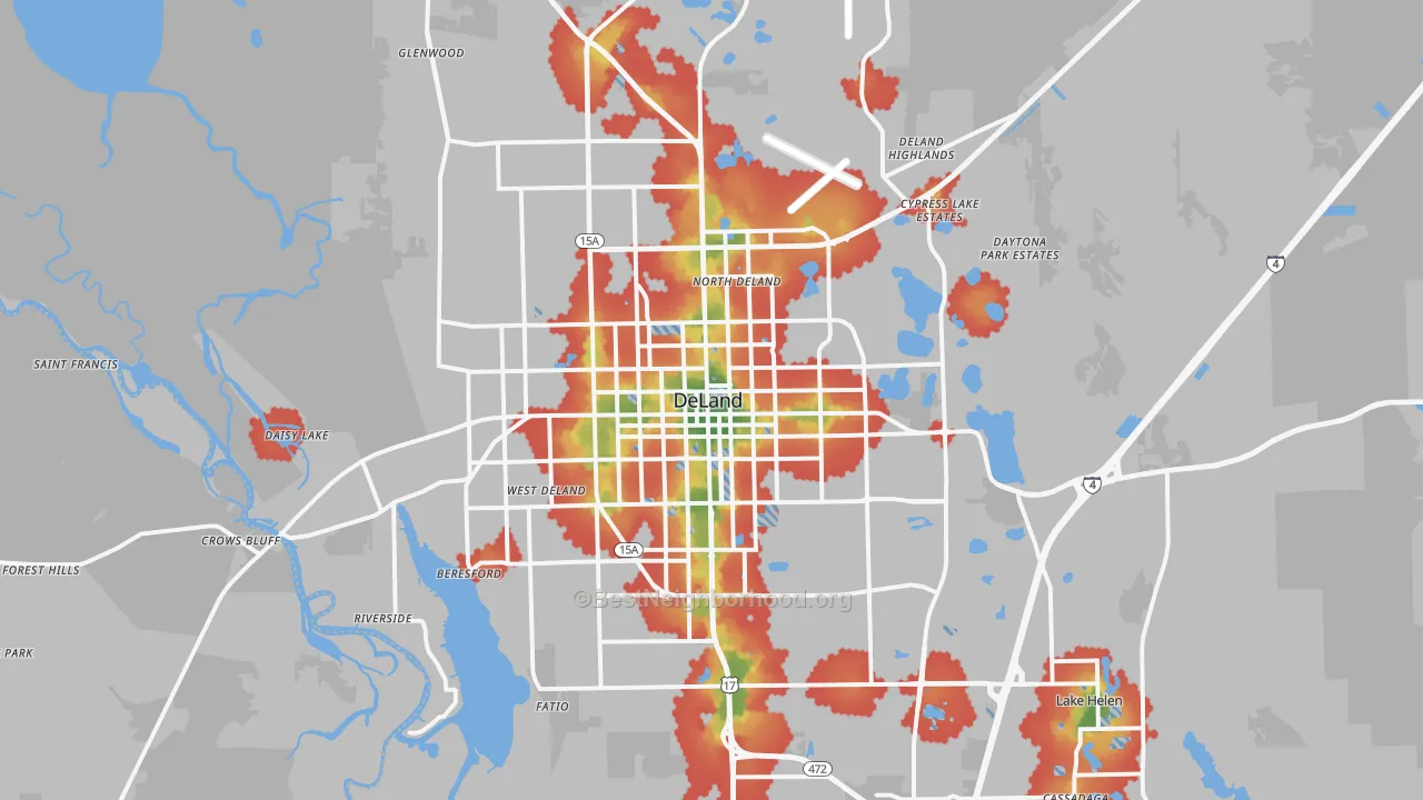 Walk Grade map of DeLand, FL, walkable areas in green and car-dependent areas in red
