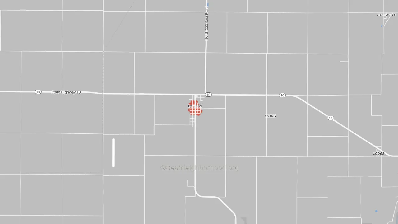 Walk Grade map of DeLand, IL, walkable areas in green and car-dependent areas in red