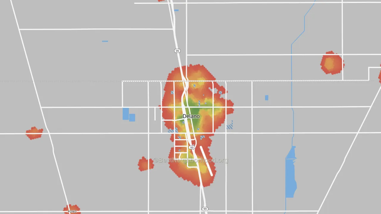 Walk Grade map of Delano, CA, walkable areas in green and car-dependent areas in red