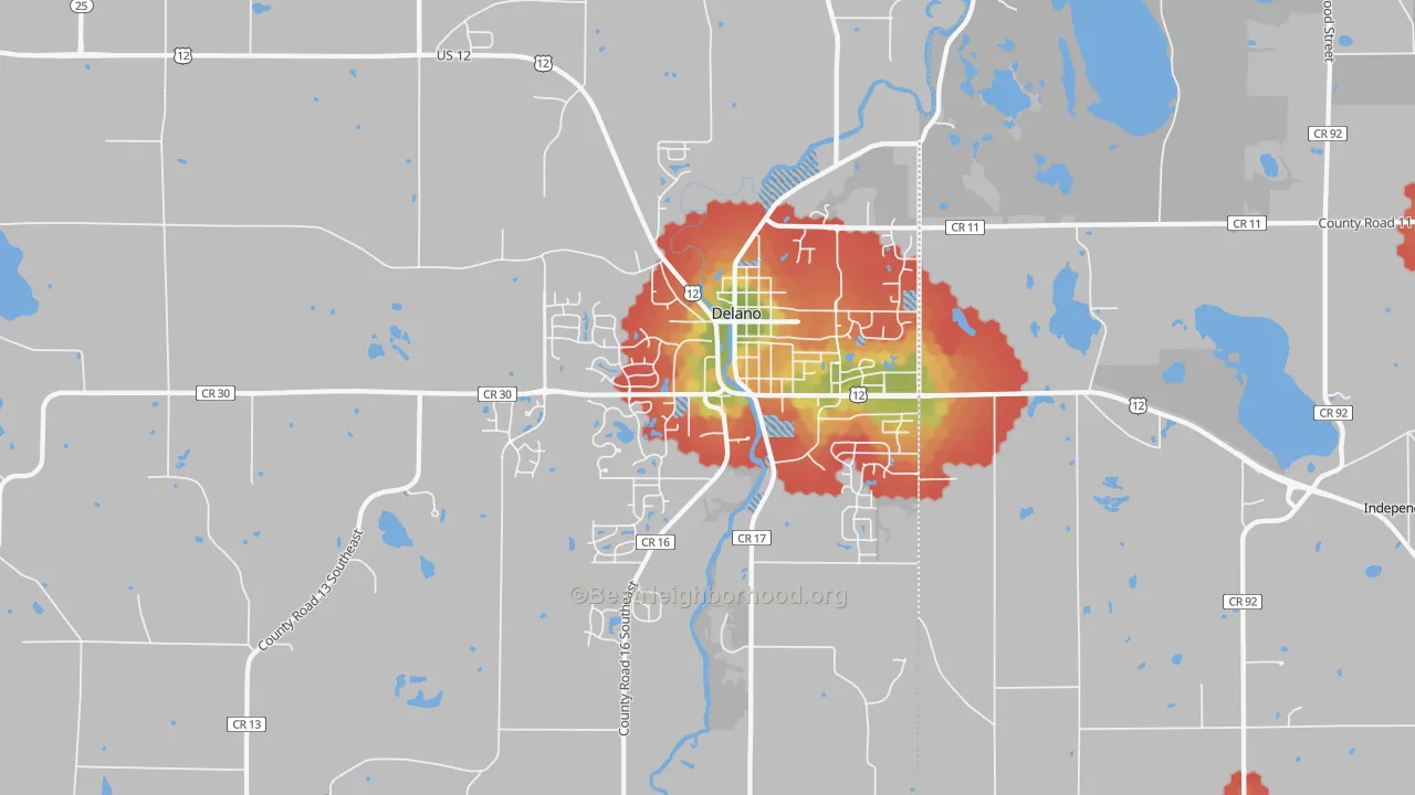 Walk Grade map of Delano, MN, walkable areas in green and car-dependent areas in red