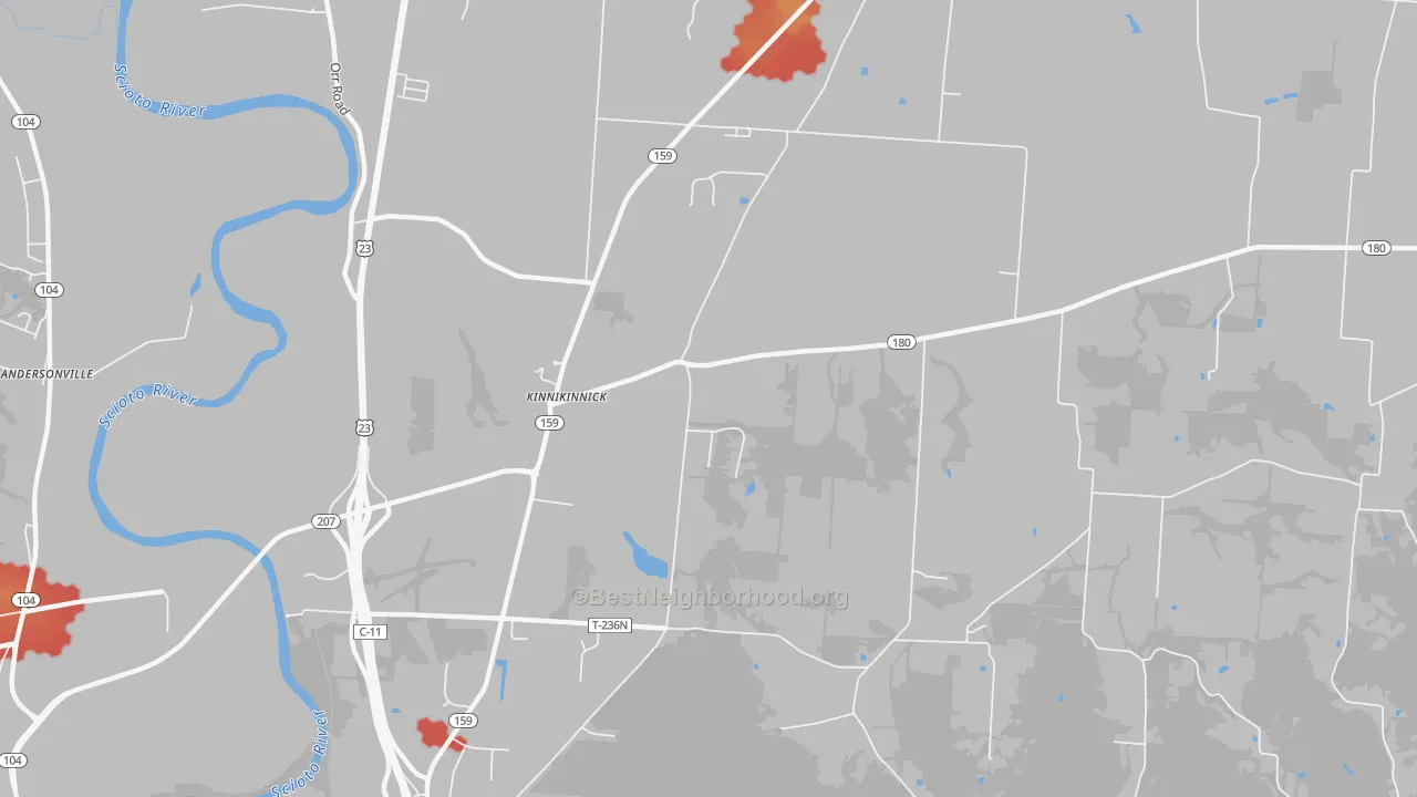 Walk Grade map of Delano, OH, walkable areas in green and car-dependent areas in red