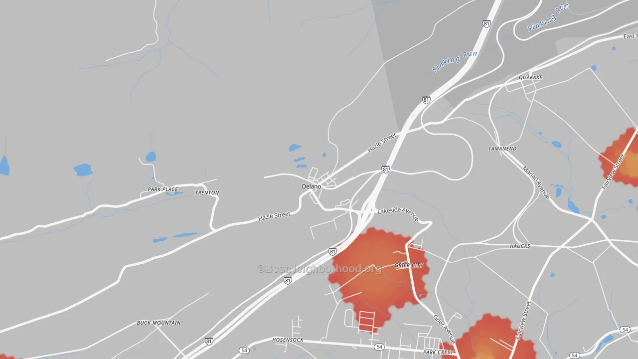 Walk Grade map of Delano, PA, walkable areas in green and car-dependent areas in red