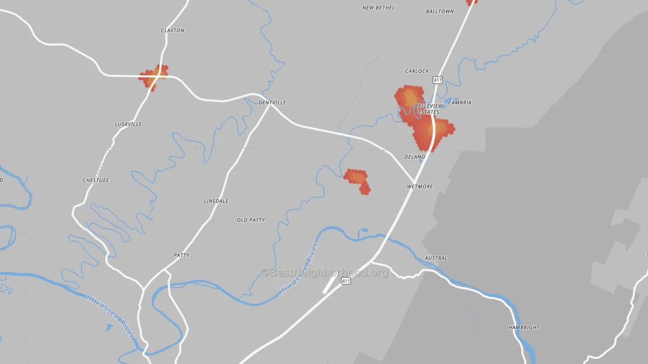 Walk Grade map of Delano, TN, walkable areas in green and car-dependent areas in red