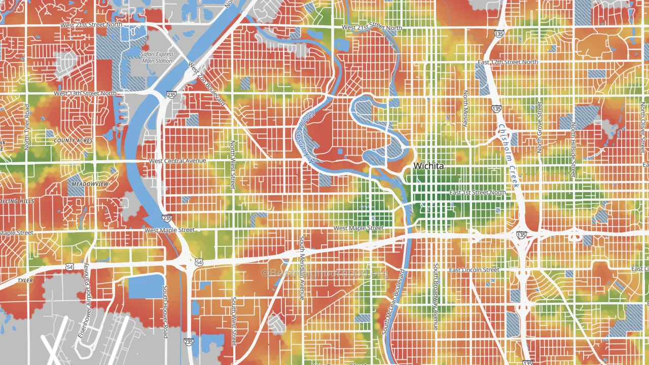 Walk Grade map of Delano, Wichita, KS, walkable areas in green and car-dependent areas in red