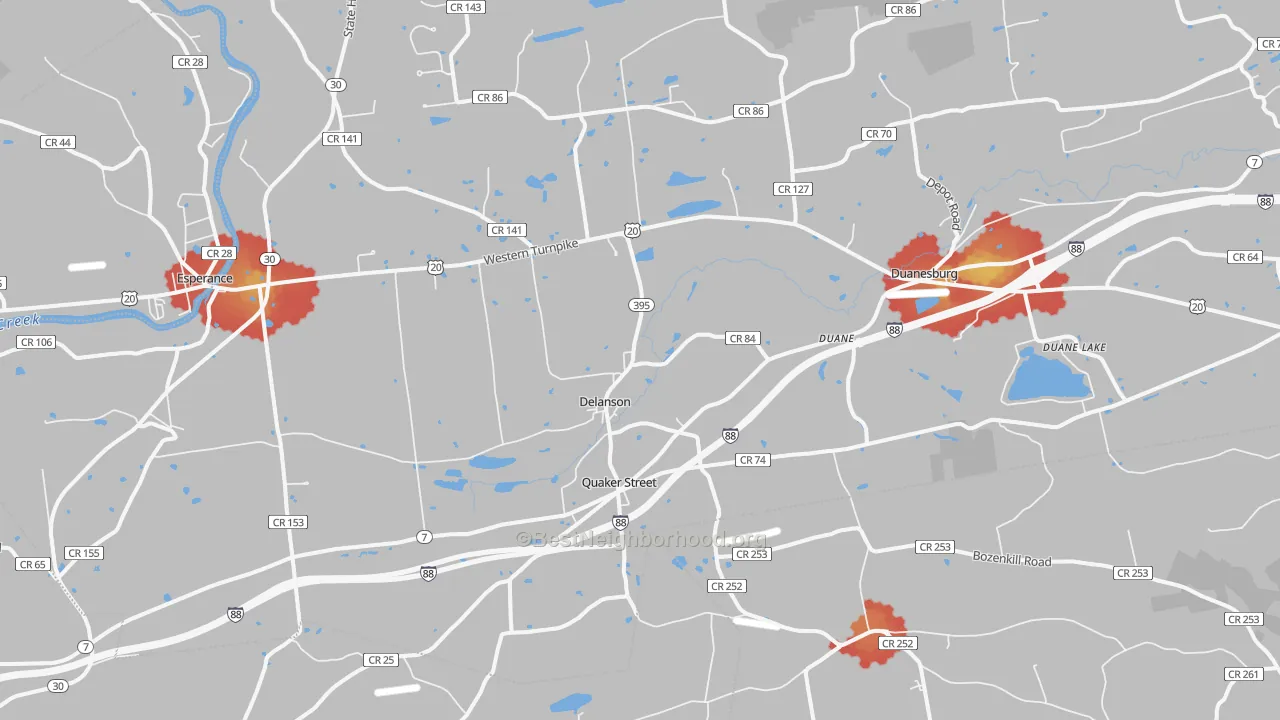 Walk Grade map of Delanson, NY, walkable areas in green and car-dependent areas in red