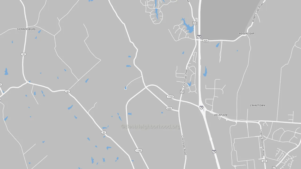 Walk Grade map of Delaplain, KY, walkable areas in green and car-dependent areas in red