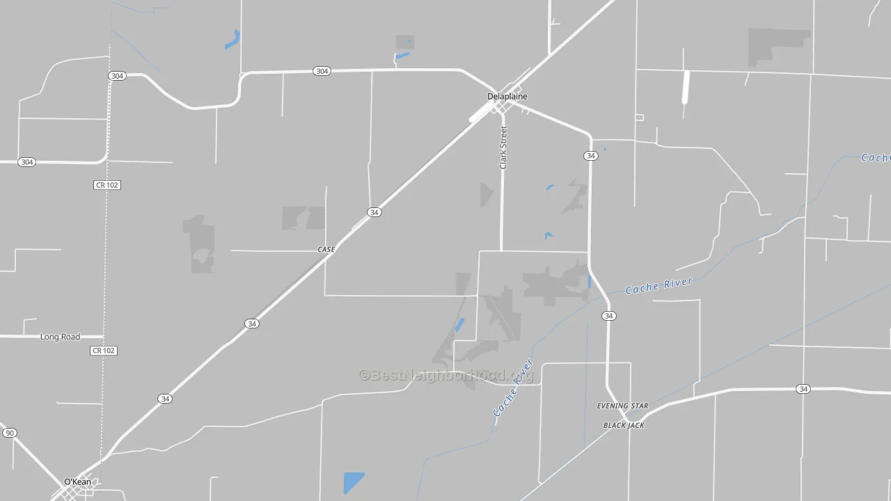 Walk Grade map of Delaplaine, AR, walkable areas in green and car-dependent areas in red