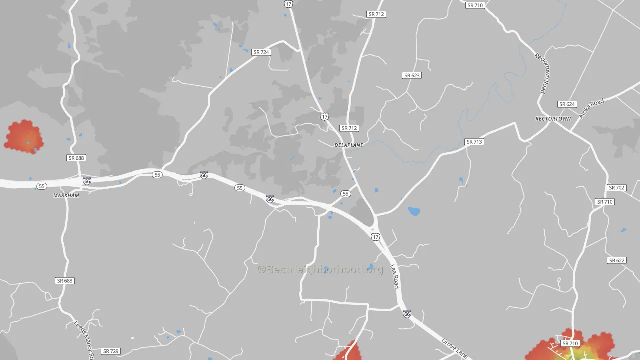 Walk Grade map of Delaplane, VA, walkable areas in green and car-dependent areas in red