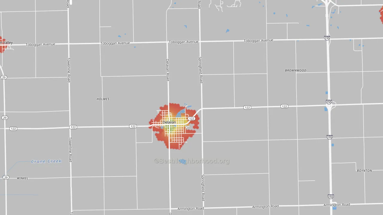 Walk Grade map of Delavan, IL, walkable areas in green and car-dependent areas in red