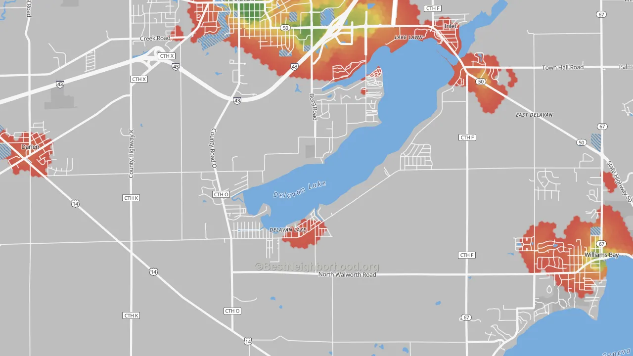 Walk Grade map of Delavan Lake, WI, walkable areas in green and car-dependent areas in red
