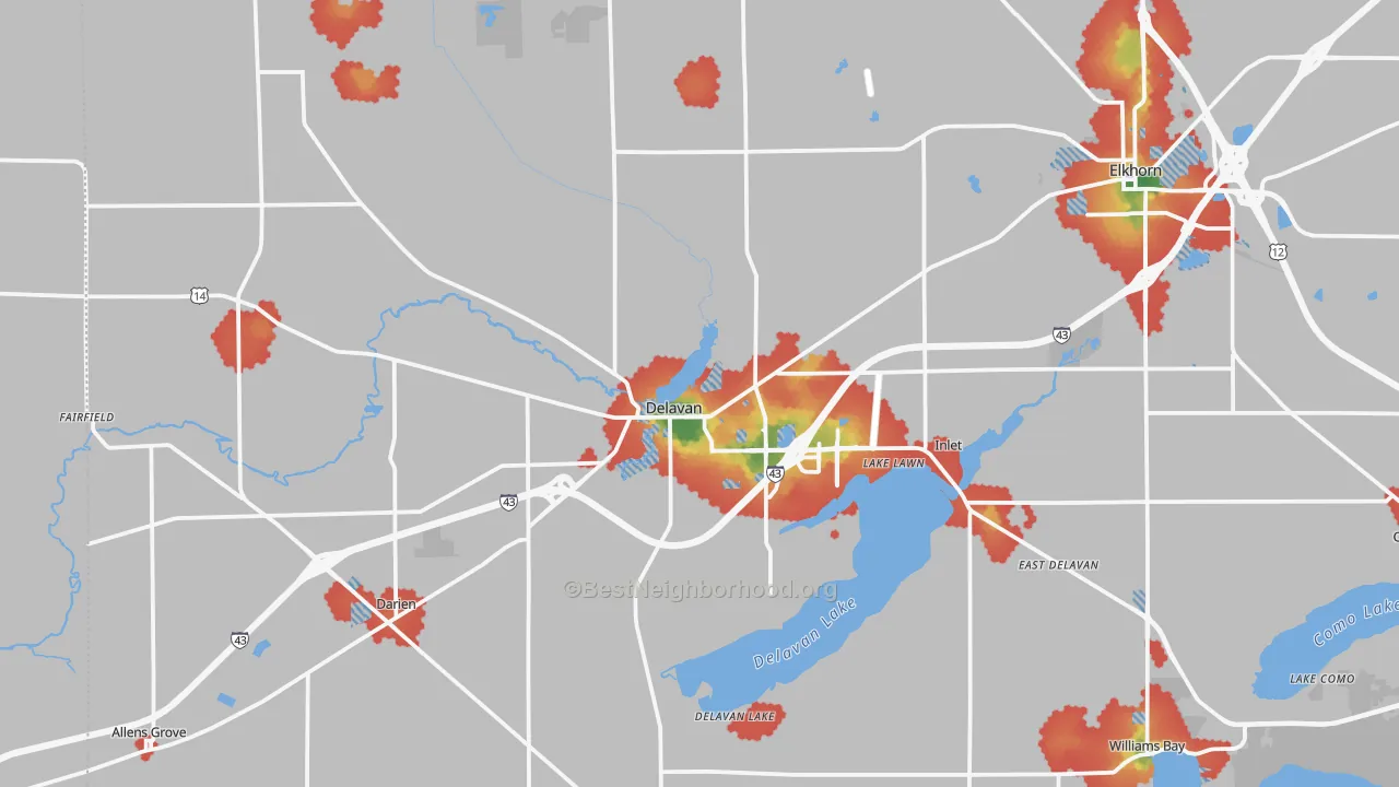 Walk Grade map of Delavan, WI, walkable areas in green and car-dependent areas in red