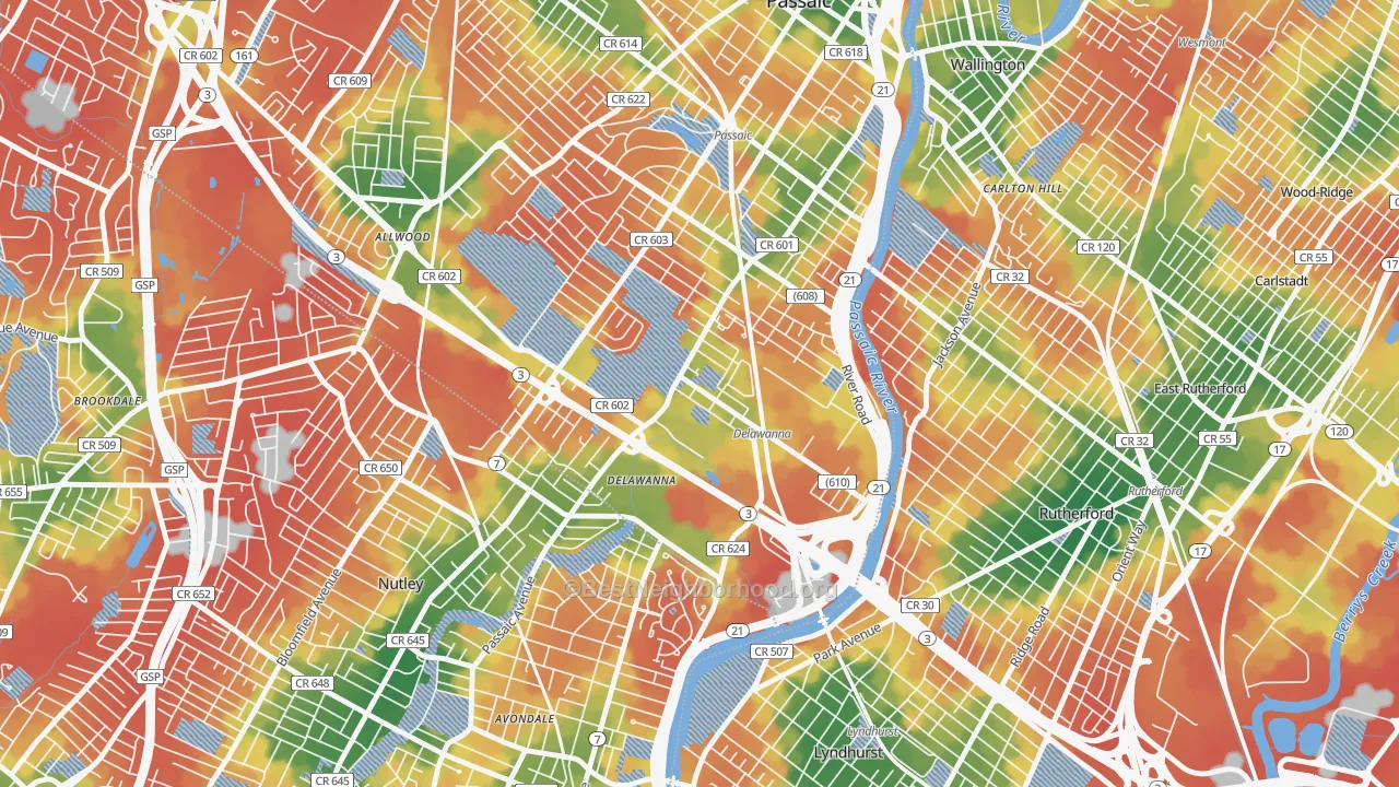Walk Grade map of Delawanna, Clifton, NJ, walkable areas in green and car-dependent areas in red