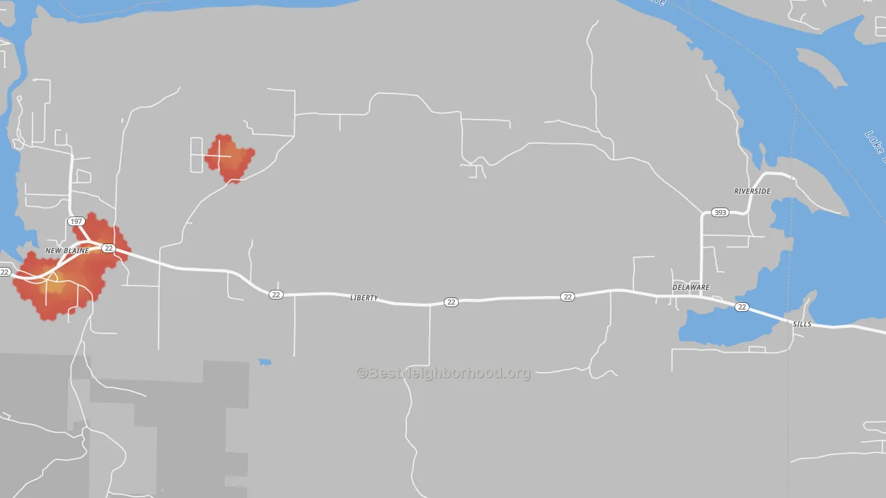Walk Grade map of Delaware, AR, walkable areas in green and car-dependent areas in red