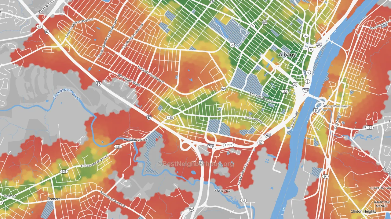 Walk Grade map of Delaware Avenue, Albany, NY, walkable areas in green and car-dependent areas in red