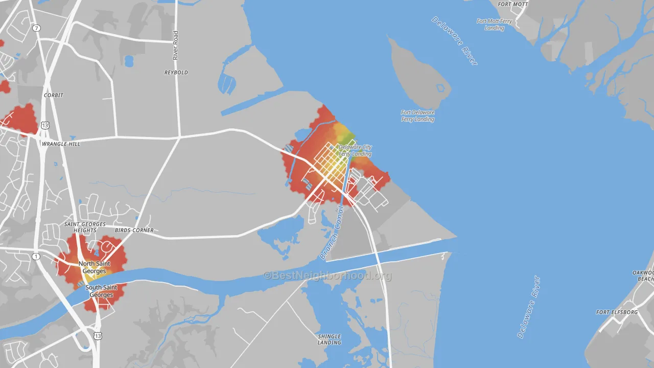 Walk Grade map of Delaware City, DE, walkable areas in green and car-dependent areas in red