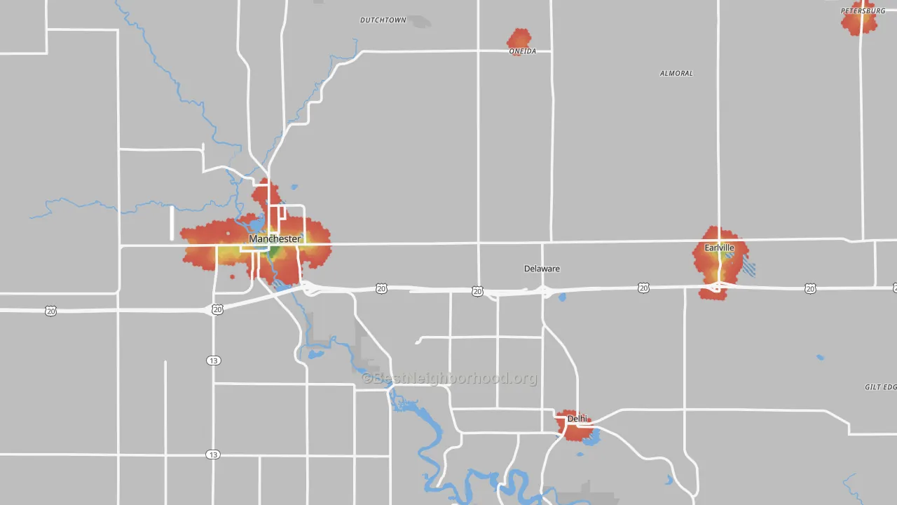 Walk Grade map of Delaware County, IA, walkable areas in green and car-dependent areas in red