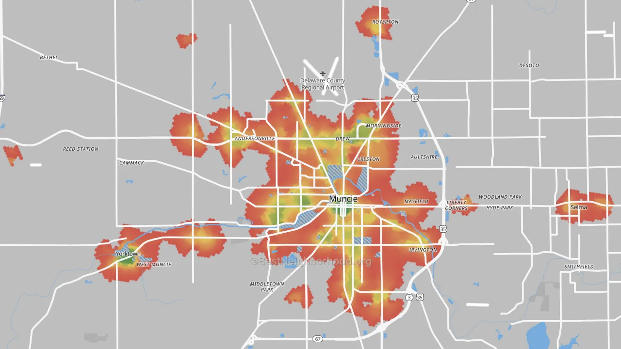 Walk Grade map of Delaware County, IN, walkable areas in green and car-dependent areas in red