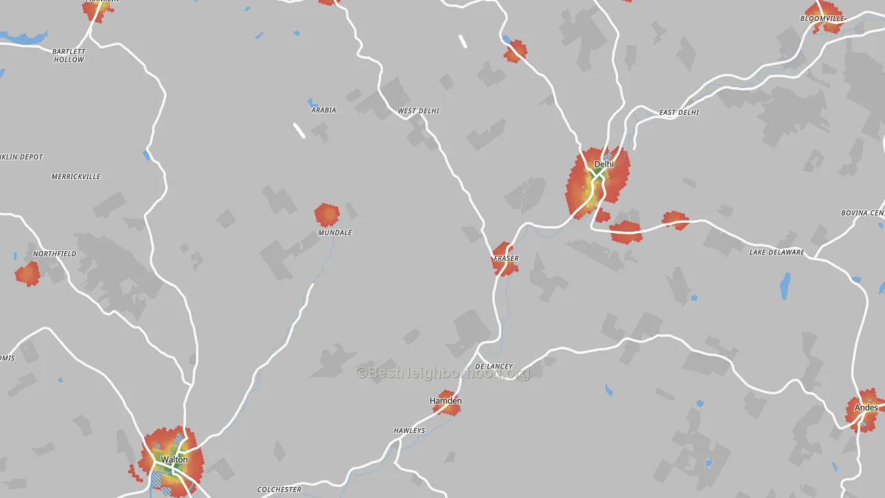 Walk Grade map of Delaware County, NY, walkable areas in green and car-dependent areas in red