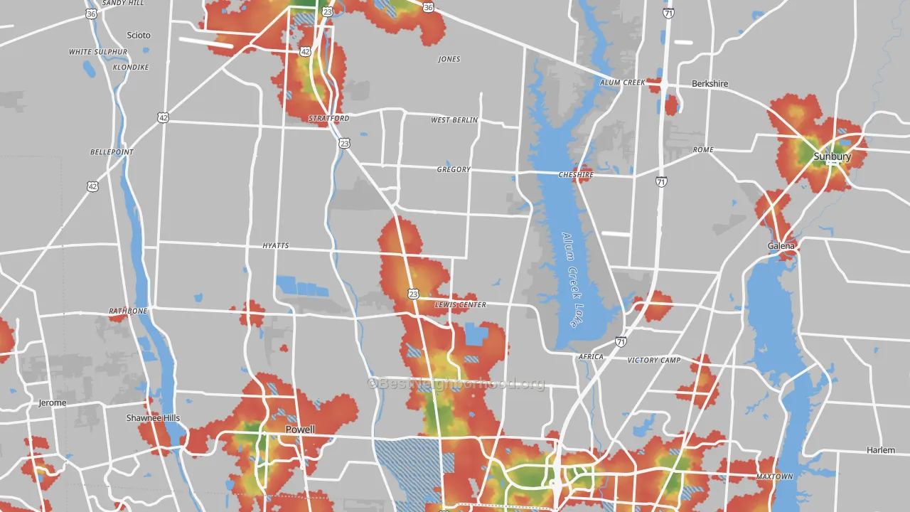Walk Grade map of Delaware County, OH, walkable areas in green and car-dependent areas in red