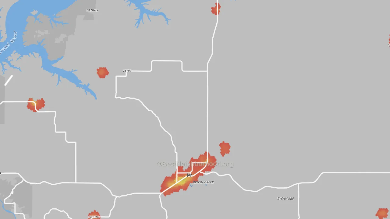 Walk Grade map of Delaware County, OK, walkable areas in green and car-dependent areas in red