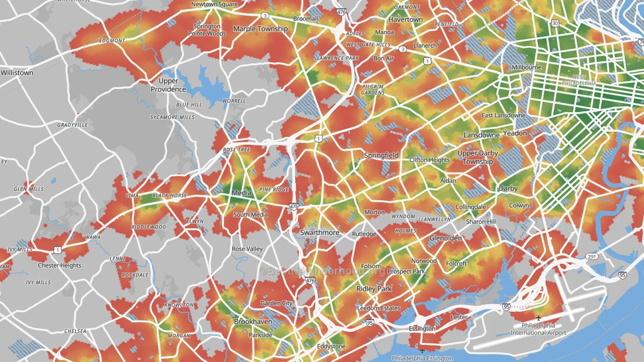 Walk Grade map of Delaware County, PA, walkable areas in green and car-dependent areas in red