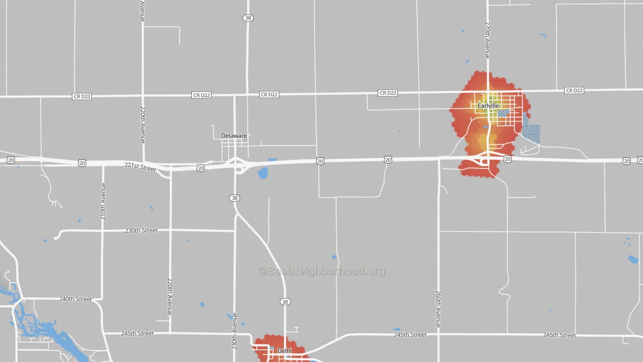 Walk Grade map of Delaware, IA, walkable areas in green and car-dependent areas in red