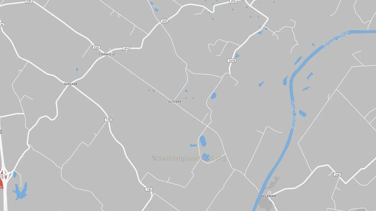 Walk Grade map of Delaware, KY, walkable areas in green and car-dependent areas in red