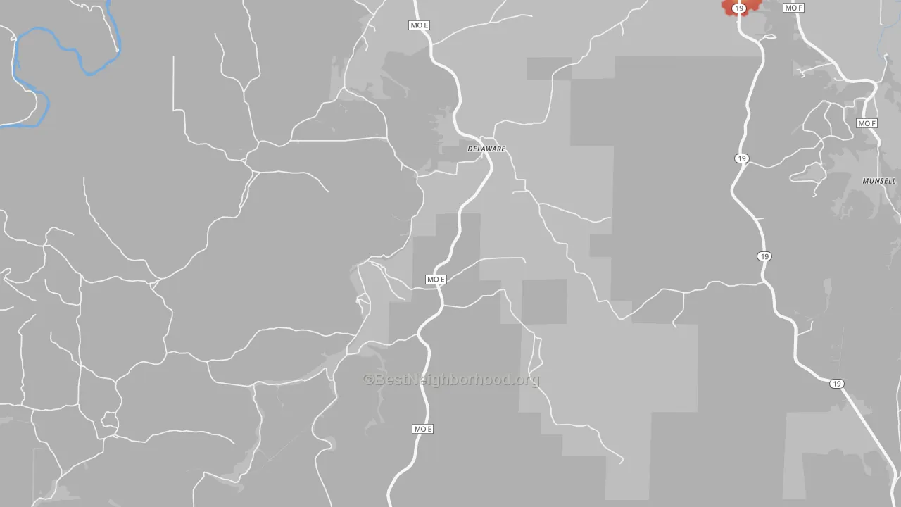 Walk Grade map of Delaware, MO, walkable areas in green and car-dependent areas in red