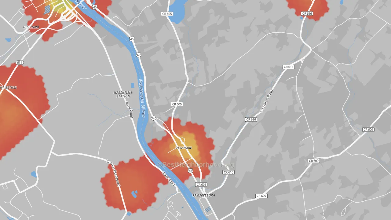 Walk Grade map of Delaware, NJ, walkable areas in green and car-dependent areas in red