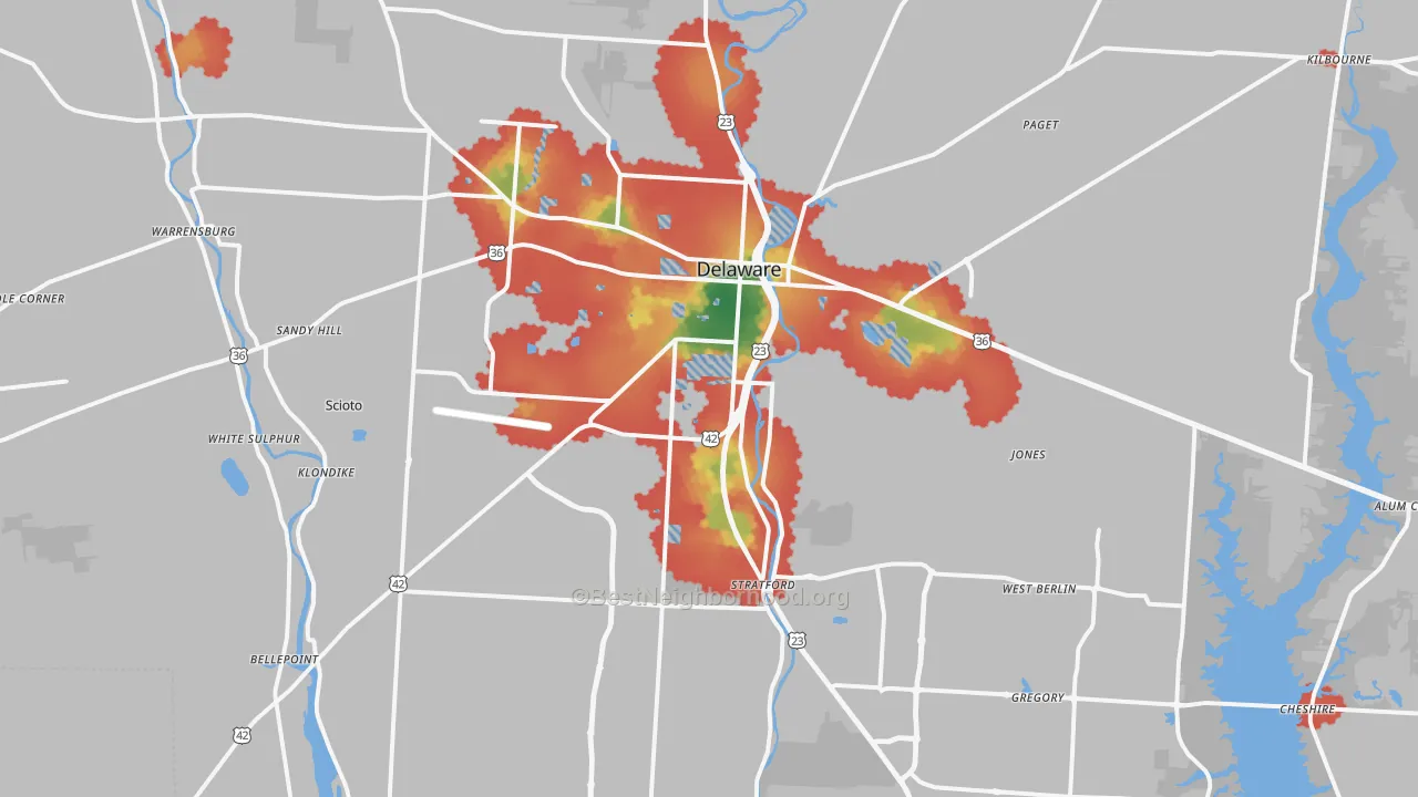Walk Grade map of Delaware, OH, walkable areas in green and car-dependent areas in red
