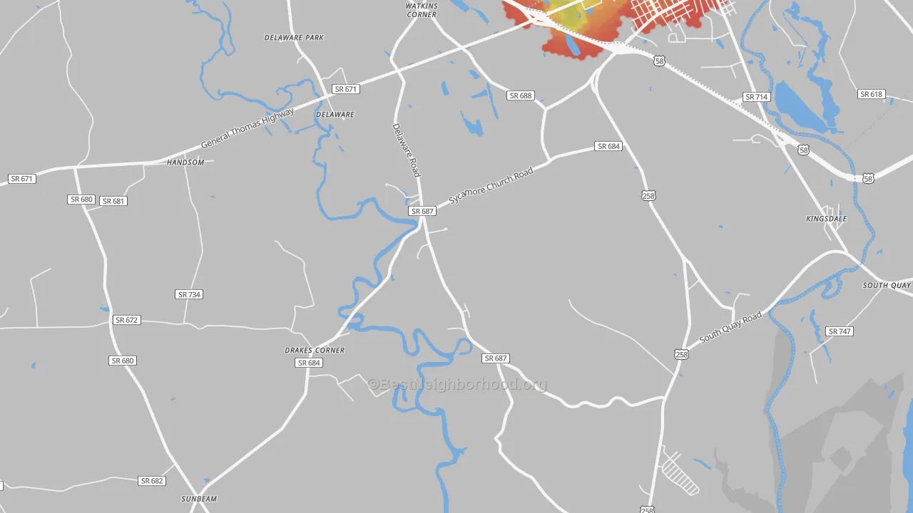 Walk Grade map of Delaware, VA, walkable areas in green and car-dependent areas in red