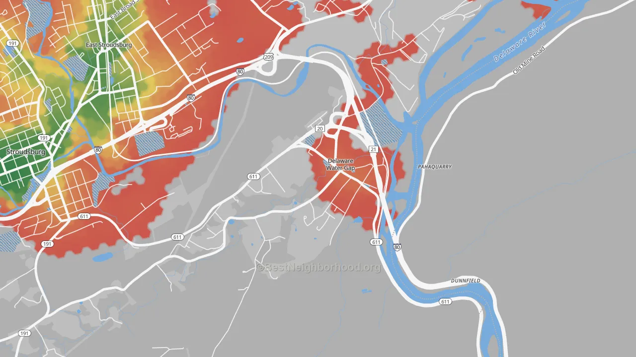 Walk Grade map of Delaware Water Gap, PA, walkable areas in green and car-dependent areas in red