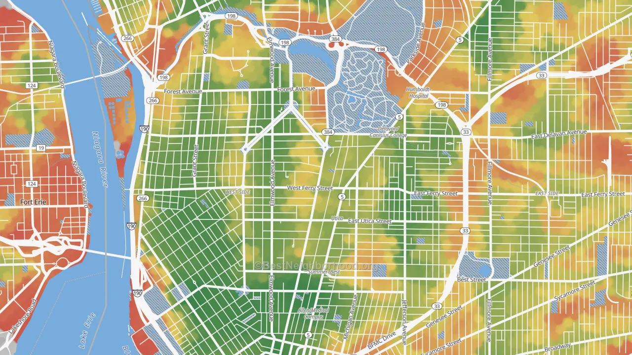 Walk Grade map of Delaware-West Ferry, Buffalo, NY, walkable areas in green and car-dependent areas in red