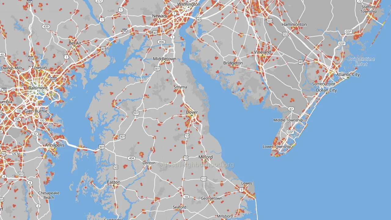Walk Grade map of Delaware, walkable areas in green and car-dependent areas in red
