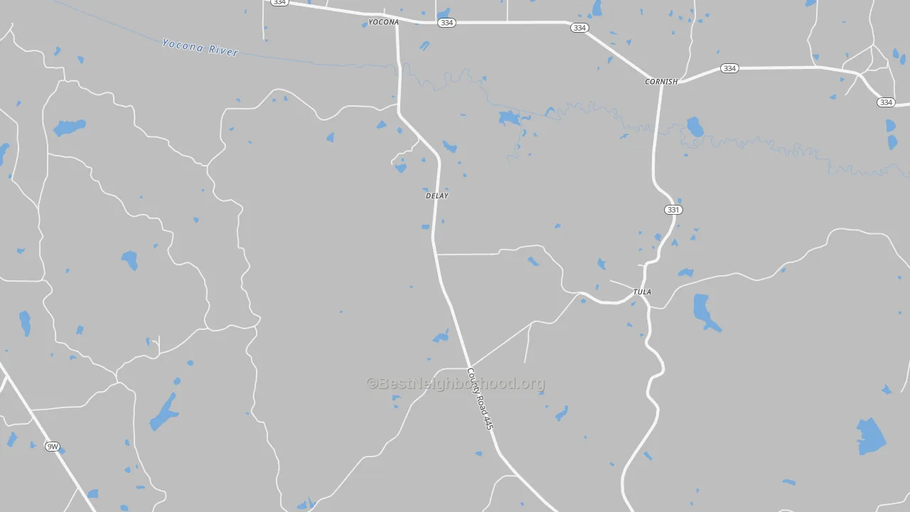 Walk Grade map of DeLay, MS, walkable areas in green and car-dependent areas in red