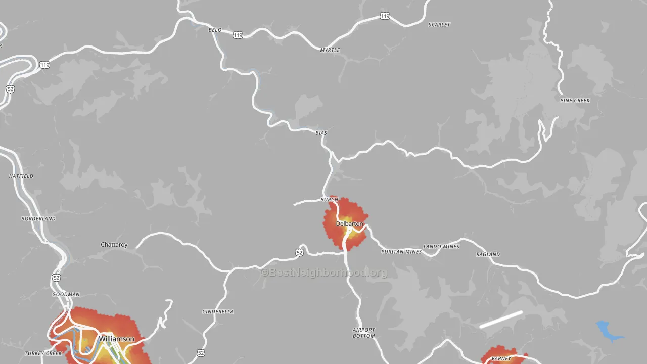 Walk Grade map of Delbarton, WV, walkable areas in green and car-dependent areas in red
