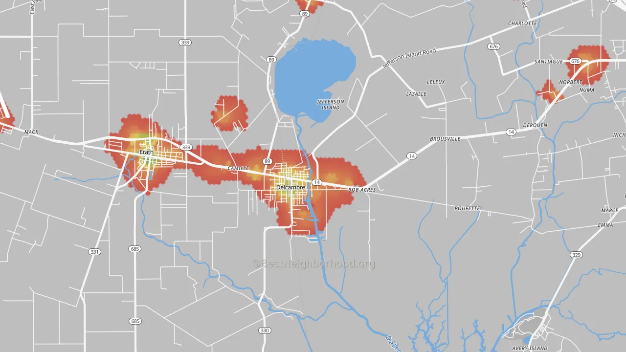 Walk Grade map of Delcambre, LA, walkable areas in green and car-dependent areas in red