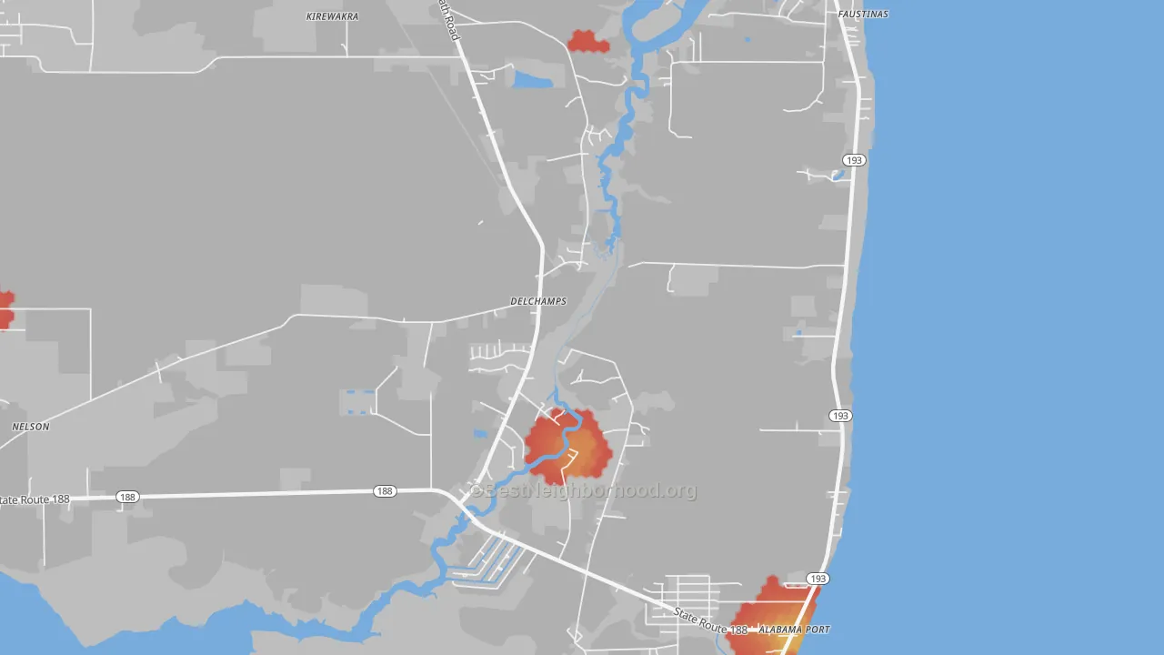Walk Grade map of Delchamps, AL, walkable areas in green and car-dependent areas in red
