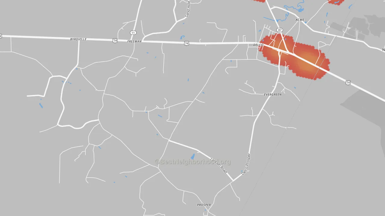 Walk Grade map of Delco, NC, walkable areas in green and car-dependent areas in red