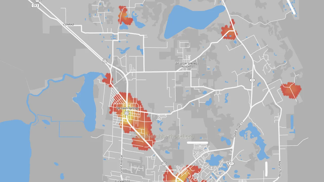 Walk Grade map of DeLeon Springs, FL, walkable areas in green and car-dependent areas in red