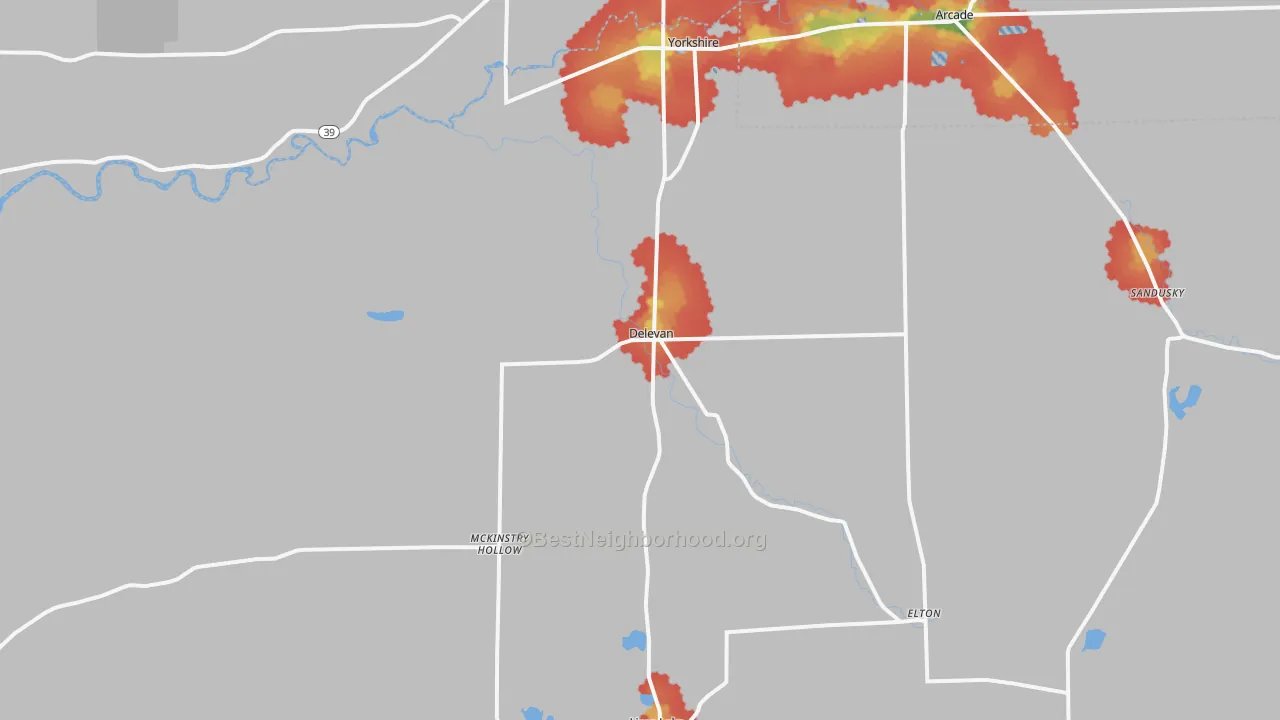 Walk Grade map of DeLevan, NY, walkable areas in green and car-dependent areas in red