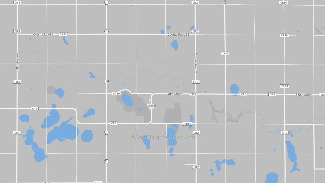 Walk Grade map of Delft, MN, walkable areas in green and car-dependent areas in red