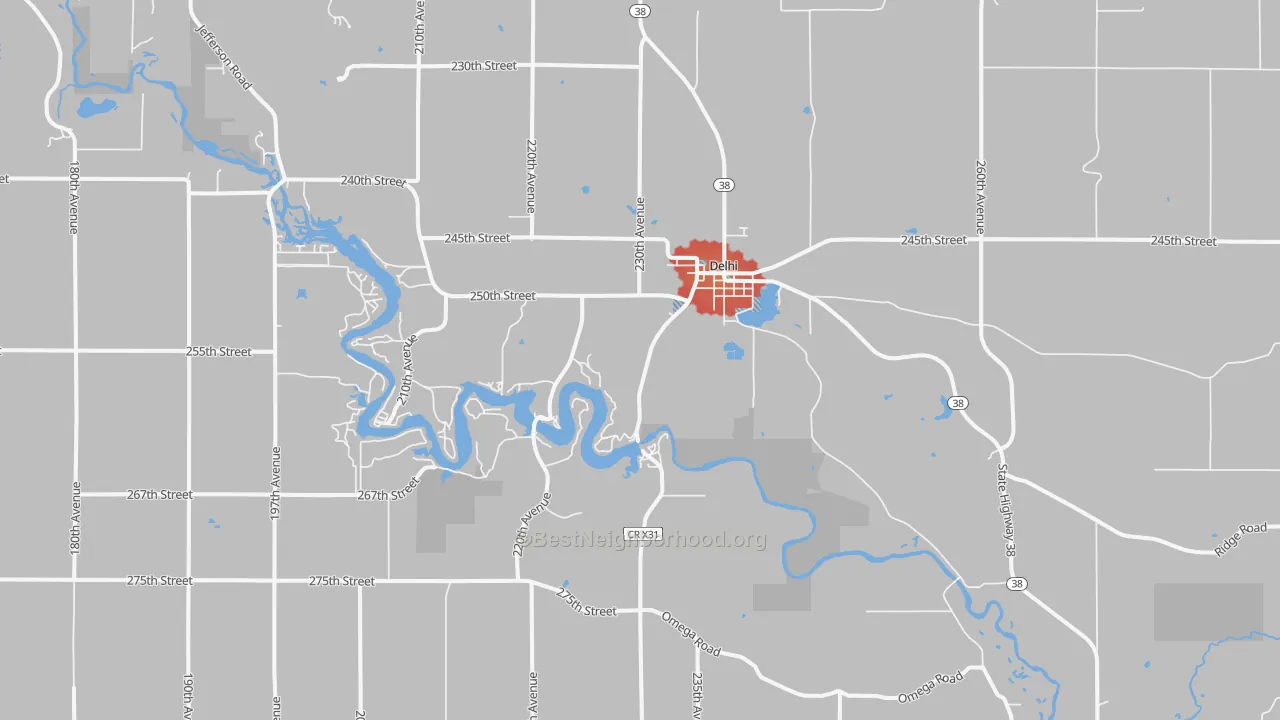 Walk Grade map of Delhi, IA, walkable areas in green and car-dependent areas in red