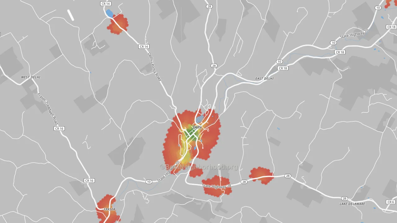 Walk Grade map of Delhi, NY, walkable areas in green and car-dependent areas in red