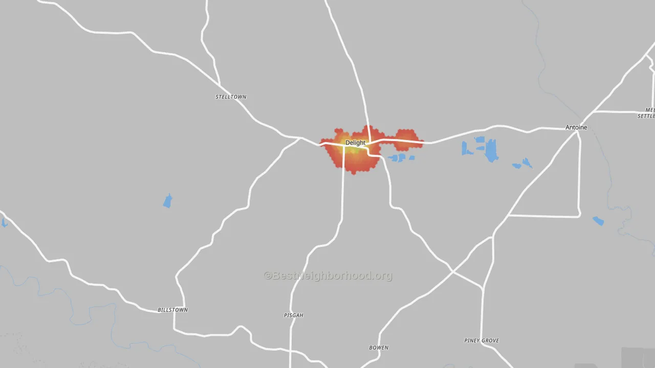 Walk Grade map of Delight, AR, walkable areas in green and car-dependent areas in red