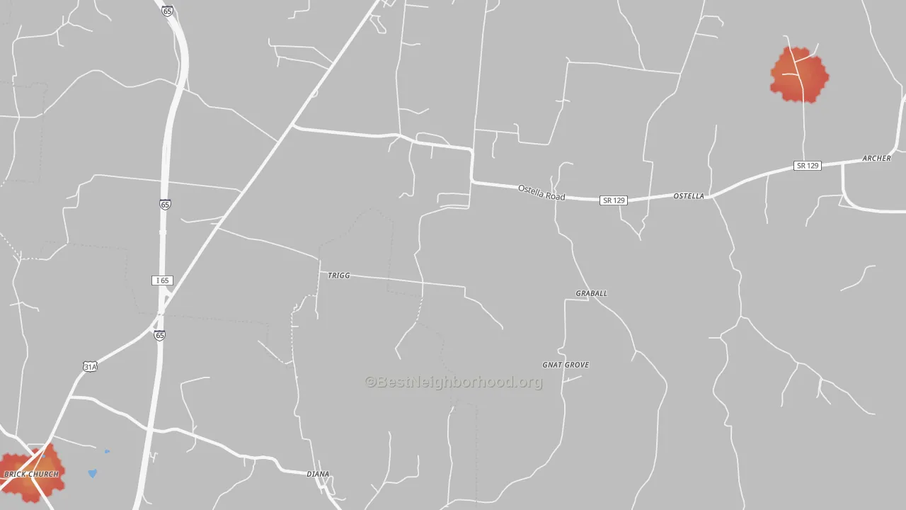 Walk Grade map of Delina, TN, walkable areas in green and car-dependent areas in red