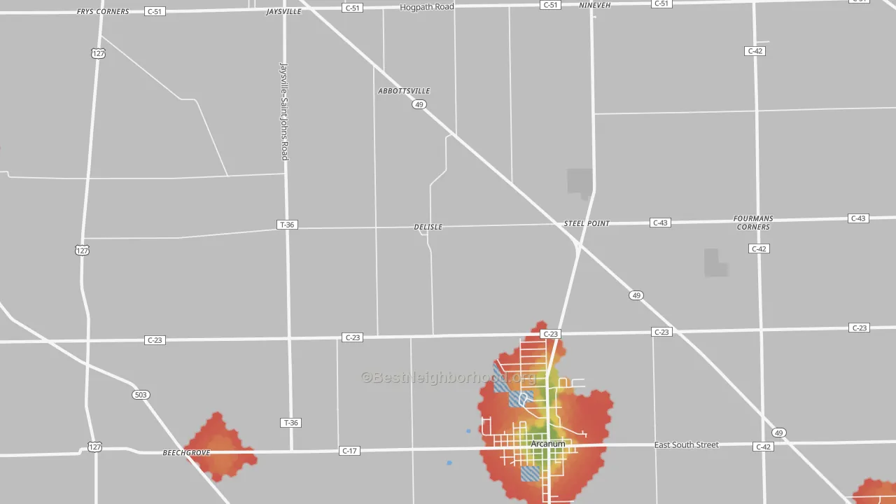 Walk Grade map of Delisle, OH, walkable areas in green and car-dependent areas in red